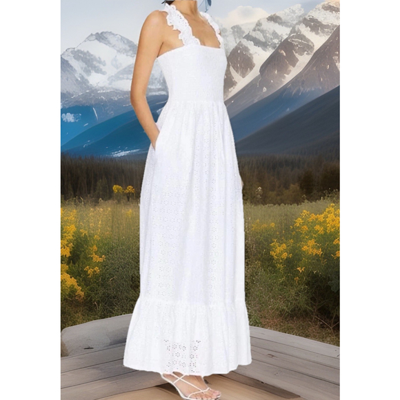 Bobi Los Angeles: Square Neck Smocked Eyelet Dress•Maxi W/pockets•White•XL•NEW - Picture 2 of 13